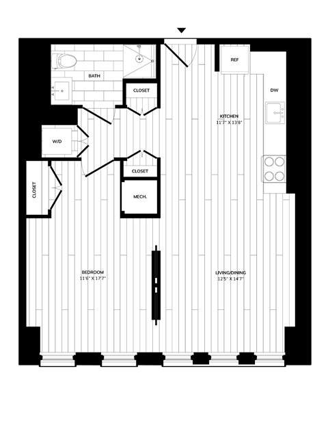Floor plan for 1 bed, 1 bath, 750 sqft